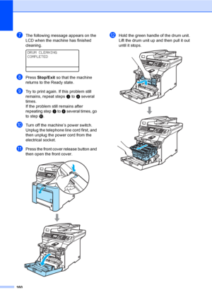 Page 172160
gThe following message appears on the 
LCD when the machine has finished 
cleaning. 
 
DRUM CLEANING
COMPLETED
hPress Stop/Exit so that the machine 
returns to the Ready state.
iTry to print again. If this problem still 
remains, repeat stepsc to h several 
times. 
If the problem still remains after 
repeating stepc to h several times, go 
to stepj.
jTurn off the machine’s power switch. 
Unplug the telephone line cord first, and 
then unplug the power cord from the 
electrical socket.
kPress the...