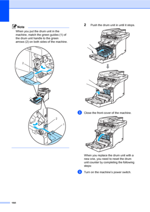 Page 192180
Note
When you put the drum unit in the 
machine, match the green guides (1) of 
the drum unit handle to the green 
arrows (2) on both sides of the machine.
 
 
2Push the drum unit in until it stops. 
hClose the front cover of the machine. 
When you replace the drum unit with a 
new one, you need to reset the drum 
unit counter by completing the following 
steps:
iTurn on the machine’s power switch.
2
1
2
1
 