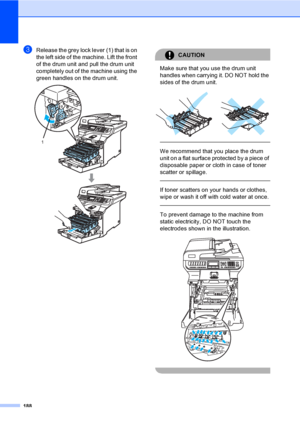 Page 200188
cRelease the grey lock lever (1) that is on 
the left side of the machine. Lift the front 
of the drum unit and pull the drum unit 
completely out of the machine using the 
green handles on the drum unit.
 
CAUTION 
Make sure that you use the drum unit 
handles when carrying it. DO NOT hold the 
sides of the drum unit.
 
 
 
We recommend that you place the drum 
unit on a flat surface protected by a piece of 
disposable paper or cloth in case of toner 
scatter or spillage.
  
If toner scatters on...