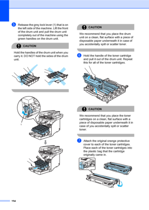 Page 206194
eRelease the grey lock lever (1) that is on 
the left side of the machine. Lift the front 
of the drum unit and pull the drum unit 
completely out of the machine using the 
green handles on the drum unit.
CAUTION 
Hold the handles of the drum unit when you 
carry it. DO NOT hold the sides of the drum 
unit.
 
 
 
CAUTION 
We recommend that you place the drum 
unit on a clean, flat surface with a piece of 
disposable paper underneath it in case of 
you accidentally spill or scatter toner.
 
fHold the...