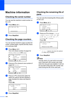 Page 212200
Machine informationC
Checking the serial numberC
You can see the machine’s serial number on 
the LCD.
aPress Menu, 8, 1. 
81.Serial No.
XXXXXXXXX
bPress Stop/Exit.
Checking the page countersC
You can see the machine’s page counters for 
copies, printed pages, reports and lists, faxes 
or a summary total.
aPress Menu, 8, 2.
The LCD shows number of pages for 
Total, Fax/List and Copy.
 
82.Page Counter
aTotal :XXXXXX
Fax/List :XXXXXX
bCopy :XXXXXX
Selectabor OK
bPress a or b to choose to see number of...