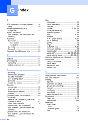 Page 252Index
240
G
A
ADF (automatic document feeder) ...........34
using
 .....................................................20
Answering machine (TAD)
connecting
 .............................................52
Apple® Macintosh®
See Software User’s Guide on the 
CD-ROM.
Automatic
fax receive
 .............................................45
easy receive
 .......................................47
Fax Detect
 ..........................................47
fax redial...