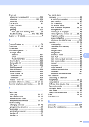 Page 253241
G
Drum unit
checking (remaining life)
 ..................... 200
cleaning
 ..................................... 155, 159
replacing
 ............................................. 174
Dual access
 ............................................. 41
Duplex (2-sided)
copying
 .......................................... 81, 82
printing
 ................................................ 206
from USB flash memory drive
 ............ 93
troubleshooting
 .................. 115, 135, 148
Duplex key (2-sided)...