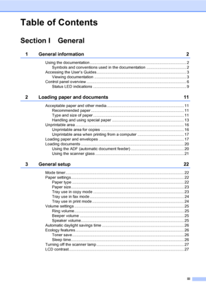 Page 5iii
Table of Contents
Section I General
1 General information 2
Using the documentation ....................................................................................... 2
Symbols and conventions used in the documentation .................................... 2
Accessing the User’s Guides................................................................................. 3
Viewing documentation ................................................................................... 3
Control panel overview...