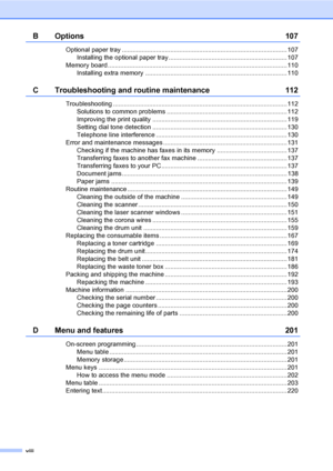 Page 10viii
BOptions 107
Optional paper tray ............................................................................................ 107
Installing the optional paper tray .................................................................. 107
Memory board.................................................................................................... 110
Installing extra memory ............................................................................... 110
C Troubleshooting and routine maintenance...