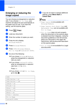 Page 104Chapter 12
92
Enlarging or reducing the 
image copied12
You can choose an enlargement or reduction 
ratio. If you choose  Fit to Page, your 
machine will adjust the size automatically to 
the paper size you set. If you want this 
setting, use the scanner glass.
aPress (Copy).
bLoad your document.
cEnter the number of copies you want.
dPress  dor c to display 
Enlarge/Reduce.
ePress  Enlarge/Reduce.
fPress 100%,  Enlarge,  Reduce, 
Fit to Page  or Custom(25-400%) .
gDo one of the following:
„ If you chose...