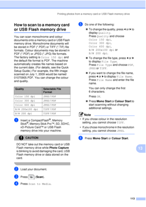 Page 125Printing photos from a memory card or USB Flash memory drive113
13
How to scan to a memory card 
or USB Flash memory drive13
You can scan monochrome and colour 
documents onto a memory card or USB Flash 
memory drive. Monochrome documents will 
be stored in PDF (*.PDF) or TIFF (*.TIF) file 
formats. Colour documents may be stored in 
PDF (*.PDF) or JPEG (*.JPG) file formats. 
The factory setting is 
Color 150 dpi and 
the default file format is PDF. The machine 
automatically creates file names based on...