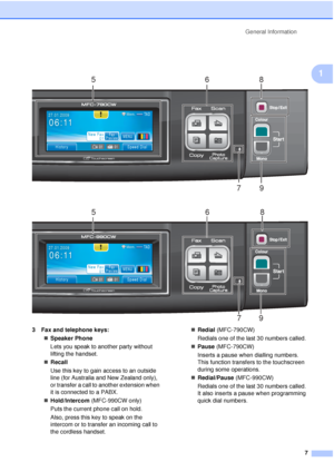 Page 19General Information7
1
 
 
3 Fax and telephone keys:„Speaker Phone
Lets you speak to another party without 
lifting the handset. 
„ Recall
Use this key to gain access to an outside 
line (for Australia and New Zealand only), 
or transfer a call to another extension when 
it is connec ted to a PABX.
„ Hold/Intercom  (MFC-990CW only)
Puts the current phone call on hold.
Also, press this key to speak on the 
intercom or to transfer an incoming call to 
the cordless handset. „
Redial  (MFC-790CW)
Redials one...