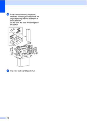 Page 184172
jPack the machine and the printed 
materials in the original carton with the 
original packing material as shown in 
the illustration. 
Do not pack the used ink cartridges in 
the carton.
 
kClose the carton and tape it shut. 
(MFC-790CW)(MFC-990CW)
 