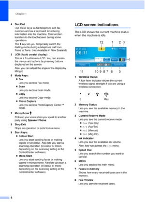 Page 20Chapter 1
8
4Dial Pad Use these keys to dial telephone and fax 
numbers and as a keyboard for entering 
information into the machine. This function 
transfers to the touchscreen during some 
operations.
The  # key lets you temporarily switch the 
dialling mode during a telephone call from 
Pulse to Tone. (Not Available in New Zealand)
5 LCD (liquid crystal display) This is a Touchscreen LCD. You can access 
the menus and options by pressing buttons 
displayed on the screen.
Also, you can adjust the angle...
