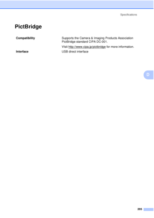 Page 217Specifications205
D
PictBridgeD
Compatibility  Supports the Camera & Imaging Products Association 
PictBridge standard CIPA DC-001.
VIsit http://www.cipa.jp/pictbridge
 for more information.
Interface USB direct interface
 