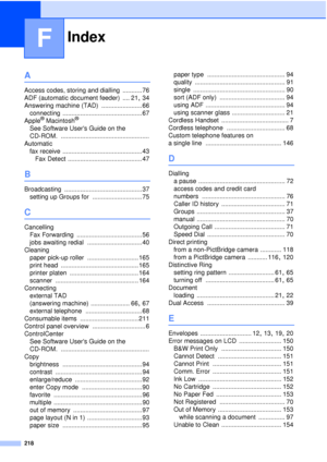 Page 230Index
218
F
A
Access codes, storing and dialling ........... 76
ADF (automatic document feeder)
 .... 21, 34
Answering machine (TAD)
 ....................... 66
connecting
 ............................................. 67
Apple® Macintosh®
See Software Users Guide on the 
CD-ROM.
 ..................................................
Automatic fax receive
 ............................................. 43
Fax Detect
 .......................................... 47
B
Broadcasting...