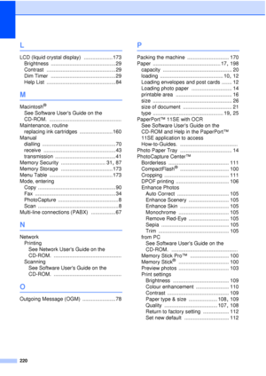 Page 232220
L
LCD (liquid crystal display) .................... 173
Brightness
 ............................................. 29
Contrast
 ................................................ 29
Dim Timer
 ............................................. 29
Help List
 ................................................ 84
M
Macintosh®
See Software Users Guide on the 
CD-ROM.
 ..................................................
Maintenance, routine replacing ink cartridges
 ....................... 160
Manual dialling...