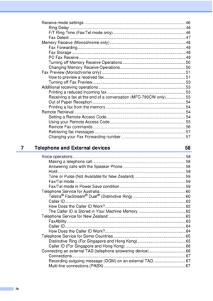 Page 6iv
Receive mode settings ........................................................................................ 46Ring Delay ..................................................................................................... 46
F/T Ring Time (Fax/Tel mode only) ............................................................... 46
Fax Detect ..................................................................................................... 47
Memory Receive (Monochrome only)...