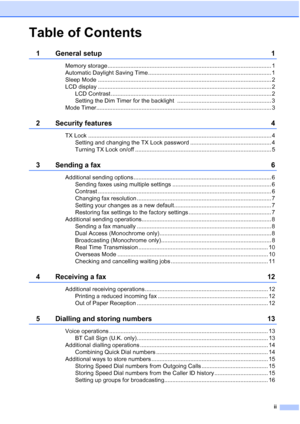 Page 3ii
Table of Contents
1 General setup 1
Memory storage ..................................................................................................... 1
Automatic Daylight Saving Time ............................................................................ 1
Sleep Mode ........................................................................................................... 2
LCD display ..............................................................................................................