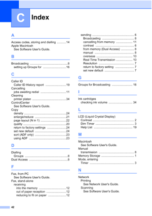 Page 48Index
42
C
A
Access codes, storing and dialling ........... 14
Apple Macintosh
See Software Users Guide.
B
Broadcasting .............................................. 8
setting up Groups for
 ............................ 16
C
Caller ID
Caller ID History report
 ......................... 19
Cancelling
jobs awaiting redial
 ............................... 11
Cleaning
printer platen
 ......................................... 34
ControlCenter
See Software Users Guide.
Copy
density...