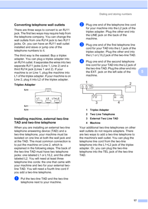 Page 21Dialing and storing numbers17
5
Converting telephone wall outlets5
There are three ways to convert to an RJ11 
jack. The first two ways may require help from 
the telephone company. You can change the 
wall outlets from one RJ14 jack to two RJ11 
jacks. Or, you can have an RJ11 wall outlet 
installed and slave or jump one of the 
telephone numbers to it.
The third way is the easiest: Buy a triplex 
adapter. You can plug a triplex adapter into 
an RJ14 outlet. It separates the wires into two 
separate...