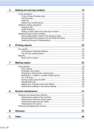 Page 4iii
5 Dialing and storing numbers15
Voice operations .................................................................................................. 15
Tone or Pulse (Canada only)......................................................................... 15
Fax/Tel mode................................................................................................. 15
Caller ID ......................................................................................................... 15
Special line...