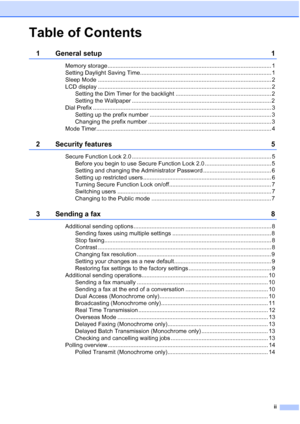 Page 3ii
Table of Contents
1 General setup1
Memory storage ..................................................................................................... 1
Setting Daylight Saving Time................................................................................. 1
Sleep Mode ........................................................................................................... 2
LCD display ..............................................................................................................