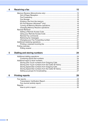 Page 4iii
4 Receiving a fax15
Memory Receive (Monochrome only) .................................................................. 15
Out of Paper Reception ................................................................................. 15
Fax Forwarding.............................................................................................. 15
Fax Storage ................................................................................................... 16
Printing a fax from the memory...