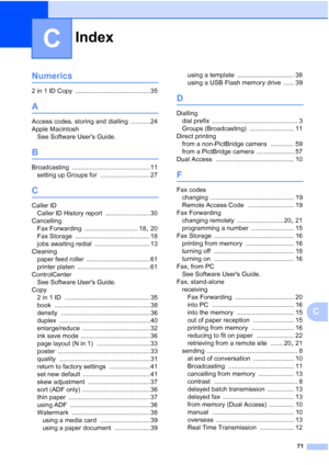 Page 77Index
71
C
C
Numerics
2 in 1 ID Copy .......................................... 35
A
Access codes, storing and dialling ........... 24
Apple Macintosh See Software Users Guide.
B
Broadcasting ............................................ 11
setting up Groups for
 ............................ 27
C
Caller ID Caller ID History report
 ......................... 30
Cancelling Fax Forwarding
 .............................. 18, 20
Fax Storage
 .......................................... 18
jobs awaiting redial...