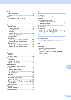 Page 7973
C
Printfax from memory
 ................................... 16
report
 .................................................... 30
Printing See Software Users Guide.
Q
Quick DialBroadcasting
 ......................................... 11
deleting Groups
 ................................. 28
using Groups
 ..................................... 11
Group dial changing
 ............................................ 28
setting up Groups for 
Broadcasting
 ...................................... 27
One Touch...