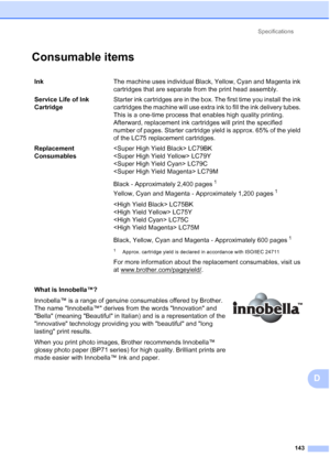 Page 174Specifications143
D
Consumable itemsD
Ink The machine uses individual Black, Yellow, Cyan and Magenta ink 
cartridges that are separate from the print head assembly.
Service Life of Ink 
Cartridge Starter ink cartridges are in the box. The first time you install the ink 
cartridges the machine will use extra ink to fill the ink delivery tubes. 
This is a one-time process that enables high quality printing. 
Afterward, replacement ink cartridges will print the specified 
number of pages. Starter cartridge...