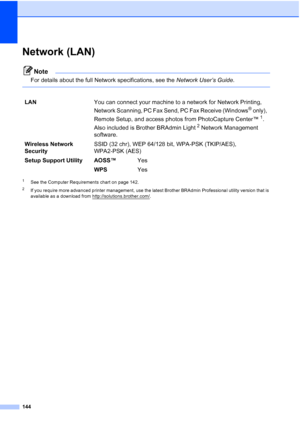 Page 175144
Network (LAN)D
Note
For details about the full Network specifications, see the Network User’s Guide.
 
1See the Computer Requirements chart on page 142.
2If you require more advanced printer management, use the latest Brother BRAdmin Professional utility version that is 
available as a download from http://solutions.brother.com/
.
LAN You can connect your machine to a network for Network Printing, 
Network Scanning, PC Fax Send, PC Fax Receive (Windows
® only), 
Remote Setup, and access photos from...