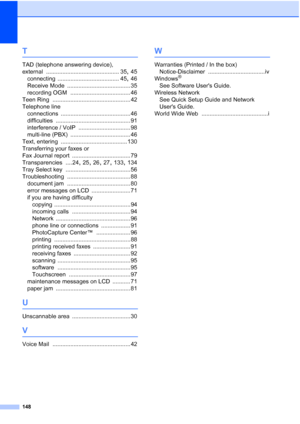 Page 179148
T
TAD (telephone answering device), 
external
 ............................................. 35, 45
connecting
 ...................................... 45, 46
Receive Mode
 ....................................... 35
recording OGM
 ..................................... 46
Teen Ring
 ................................................ 42
Telephone line connections
 ........................................... 46
difficulties
 .............................................. 91
interference / VoIP...