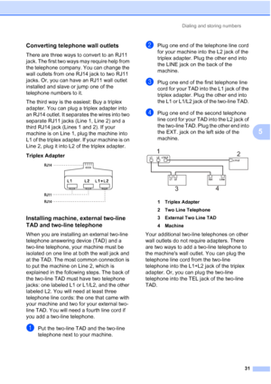 Page 217Dialing and storing numbers31
5
Converting telephone wall outlets5
There are three ways to convert to an RJ11 
jack. The first two ways may require help from 
the telephone company. You can change the 
wall outlets from one RJ14 jack to two RJ11 
jacks. Or, you can have an RJ11 wall outlet 
installed and slave or jump one of the 
telephone numbers to it.
The third way is the easiest: Buy a triplex 
adapter. You can plug a triplex adapter into 
an RJ14 outlet. It separates the wires into two 
separate...