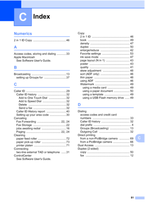 Page 267Index
81
C
C
Numerics
2 in 1 ID Copy .......................................... 46
A
Access codes, storing and dialing ............ 33
Apple Macintosh See Software Users Guide.
B
Broadcasting ............................................ 13
setting up Groups for
 ............................ 37
C
Caller ID ................................................... 29
Caller ID history
 .................................... 32
Add to One Touch Dial
 ...................... 32
Add to Speed Dial...