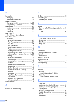 Page 26882
F
Fax codeschanging
 ............................................... 23
Remote Access Code
 ........................... 23
Fax Forwarding changing remotely
 .......................... 24, 25
programming a number
 ......................... 18
Fax Storage
 ............................................. 20
printing from memory
 ............................ 20
turning off
 .............................................. 22
turning on
 .............................................. 20
Fax, from PC See...