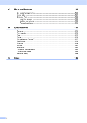 Page 29x
C Menu and features100
On-screen programming .................................................................................... 100
Menu table ......................................................................................................... 101
Entering Text ..................................................................................................... 130
Inserting spaces  ......................................................................................... 130
Making corrections...