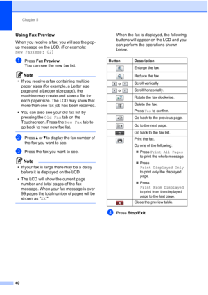 Page 71Chapter 5
40
Using Fax Preview5
When you receive a fax, you will see the pop-
up message on the LCD. (For example: 
New Fax(es): 02 )
aPress Fax Preview .
You can see the new fax list.
Note
• If you receive a fax containing multiple  paper sizes (for example, a Letter size 
page and a Ledger size page), the 
machine may create and store a file for 
each paper size. The LCD may show that 
more than one fax job has been received.
• You can also see your old fax list by  pressing the  Old Fax tab on the...