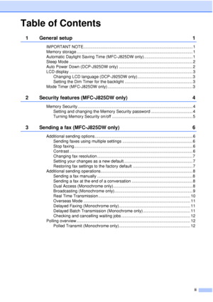 Page 3ii
Table of Contents
1 General setup1
IMPORTANT NOTE............................................................................................... 1
Memory storage ..................................................................................................... 1
Automatic Daylight Saving Time (MFC-J825DW only) .......................................... 1
Sleep Mode ........................................................................................................... 2
Auto Power Down...