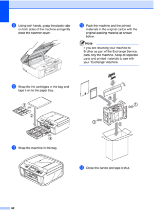 Page 6862
iUsing both hands, grasp the plastic tabs 
on both sides of the machine and gently 
close the scanner cover.
 
jWrap the ink cartridges in the bag and 
tape it on to the paper tray.
 
kWrap the machine in the bag. 
lPack the machine and the printed 
materials in the original carton with the 
original packing material as shown 
below.
Note
If you are returning your machine to 
Brother as part of the Exchange Service, 
pack only the machine. Keep all separate 
parts and printed materials to use with...