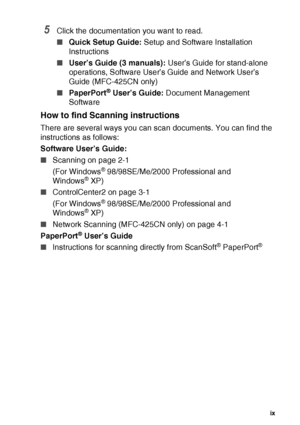 Page 11   ix
5Click the documentation you want to read.
■ Quick Setup Guide:  Setup and Software Installation 
Instructions
■ User’s Guide (3 manuals):  User’s Guide for stand-alone 
operations, Software User’s Guide and Network User’s 
Guide (MFC-425CN only)
■ PaperPort
® User’s Guide:  Document Management 
Software
How to find Scanning instructions
There are several ways you can scan documents. You can find the 
instructions as follows:
Software User’s Guide:
■ Scanning on page 2-1
(For Windows
®...