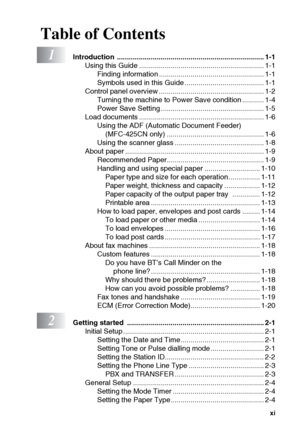 Page 13xi
Table of Contents
1Introduction .......................................................................... 1-1Using this Guide ............................................................... 1-1Finding information ..................................................... 1-1
Symbols used in this Guide ........................................ 1-1
Control panel overview ..................................................... 1-2 Turning the machine to Power Save condition ........... 1-4
Power Save Setting...