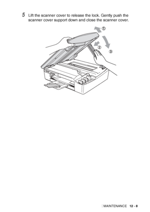 Page 131TROUBLESHOOTING AND ROUTINE MAINTENANCE   12 - 8
5Lift the scanner cover to release the lock. Gently push the 
scanner cover support down and close the scanner cover.
 