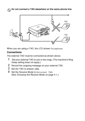 Page 158A - 6   APPENDIX A
When you are using a TAD, the LCD shows  Telephone.
Connections
The external TAD must be connected as shown above.
1 Set your external TAD to one or two rings. (The machine’s Ring 
Delay setting does not apply.)
2Record the outgoing message on your external TAD.
3Set the TAD to answer calls.
4Set the Receive Mode to  External TAD. 
(See  Choosing the Receive Mode  on page 4-1.)
Do not connect a TAD elsewhere on the same phone line.
TAD
TAD
 