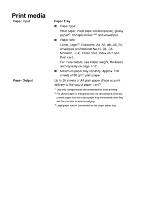 Page 182S - 3   SPECIFICATIONS
Print media
Paper Input  Paper Tray
■Paper type:
Plain paper, inkjet paper (coated paper), glossy 
paper*
2, transparencies*1*2 and envelopes 
■ Paper size:
Letter, Legal*
3, Executive, A4, A5, A6, JIS_B5, 
envelopes (commercial No.10, DL, C5, 
Monarch, JE4), Photo card, Index card and 
Post card.
For more details, see  Paper weight, thickness 
and capacity  on page 1-12.
■ Maximum paper tray capacity: Approx. 100 
sheets of 80 g/m
2 plain paper
Paper Output Up to 25 sheets of A4...