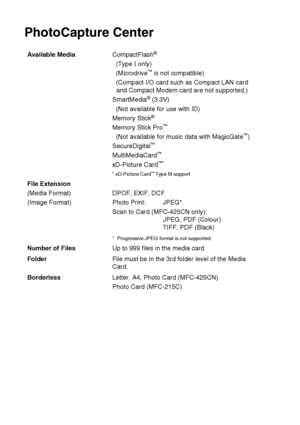 Page 184S - 5   SPECIFICATIONS
PhotoCapture Center
Available Media CompactFlash®
(Type I only)
(Microdrive™ is not compatible)
(Compact I/O card such as Compact LAN card  and Compact Modem card are not supported.)
SmartMedia
® (3.3V)
(Not available for use with ID)
Memory Stick
®
Memory Stick Pro™
(Not available for music data with MagicGate™)
SecureDigital™
MultiMediaCard™
xD-Picture Card™*
* xD-Picture Card™ Type M support
File Extension
(Media Format)
(Image Format) DPOF, EXIF, DCF
Photo Print: JPEG* 
Scan to...