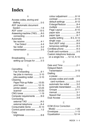 Page 191INDEX   I - 1
Index
A
Access codes, storing and 
dialling ............................... 5-5
ADF (automatic document  feeder) ............................... 1-6
ADF cover  ......................... 12-5
Answering machine (TAD) ......A-5 connecting ........................A-6
Automatic fax receive  ........................ 4-1Fax Detect  ..................... 4-4
fax redial ........................... 3-2
transmission ..................... 3-5
B
Broadcasting ..................... 3-11 setting up Groups...