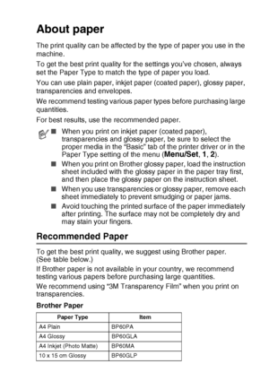 Page 281 - 9   INTRODUCTION
About paper
The print quality can be affected by the type of paper you use in the 
machine.
To get the best print quality for the settings you’ve chosen, always 
set the Paper Type to match the type of paper you load.
You can use plain paper, inkjet paper (coated paper), glossy paper, 
transparencies and envelopes.
We recommend testing various paper types before purchasing large 
quantities.
For best results, use the recommended paper.
Recommended Paper
To get the best print quality,...