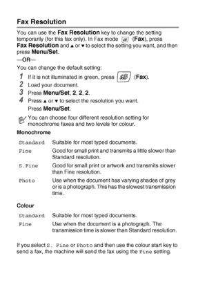 Page 523 - 7   SETUP SEND
Fax Resolution
You can use the Fax Resolution key to change the setting 
temporarily (for this fax only). In Fax mode   (
Fax), press 
Fax Resolution and ▲ or ▼ to select the setting you want, and then 
press 
Menu/Set.
— OR —
You can change the default setting:
1If it is not illuminated in green, press   (Fax). 
2Load your document.
3Press Menu/Set, 2, 2, 2.
4Press ▲ or ▼ to select the resolution you want.
Press 
Menu/Set.
Monochrome
Colour
If you select  S. Fine or Photo  and then...