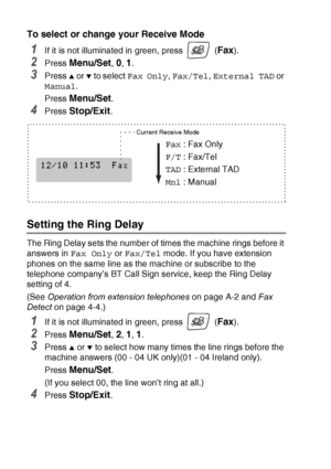 Page 644 - 2   SETUP RECEIVE
To select or change  your Receive Mode
1If it is not illuminated in green, press   (Fax).
2Press Menu/Set, 0, 1.
3Press ▲ or ▼ to select Fax Only , Fax/Tel , External TAD  or 
Manual .
Press 
Menu/Set.
4Press Stop/Exit.
Setting the Ring Delay 
The Ring Delay sets the number of times the machine rings before it 
answers in  Fax Only or Fax/Tel  mode. If you have extension 
phones on the same line as the machine or subscribe to the 
telephone company’s BT Call Sign service, keep the...