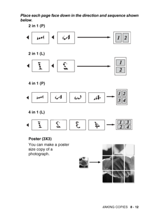 Page 99MAKING COPIES   8 - 12
Place each page face down in the direction and sequence shown
below.
2 in 1 (P)
4 in 1 (P)
Poster (3X3)
You can make a poster 
size copy of a 
photograph.
2 in 1 (L)
4 in 1 (L)
 