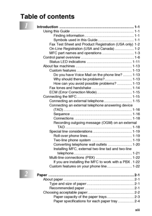 Page 14xiii
Table of contents
1Introduction .......................................................................... 1-1Using this Guide ............................................................... 1-1 Finding information ................................................. 1-1
Symbols used in this Guide .................................... 1-1
Fax Test Sheet and Product Registration (USA only) 1-2
On-Line Registration (USA and Canada) ................... 1-2
MFC part names and operations...