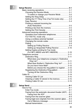 Page 16xv
5Setup Receive  ...................................................................... 5-1
Basic receiving operations ................................................ 5-1
Choosing the Receive Mode ...................................... 5-1
To se lect or change your Receive Mo de ................ 5-2
Setting the Ring Delay ............................................... 5-2
Setting the F/T Rin g Time  (Fax/Tel mode only).......... 5-3
Easy Receive...