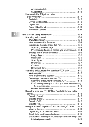 Page 20xix
Accessories tab .................................................. 12-15
Support tab ......................................................... 12-16
Features in the PS printer driver 
(For Windows
®) ......................................................... 12-17
Ports tab ................................................................. 12-17
Device Settings tab................................................. 12-18
Layout tab ............................................................... 12-19...